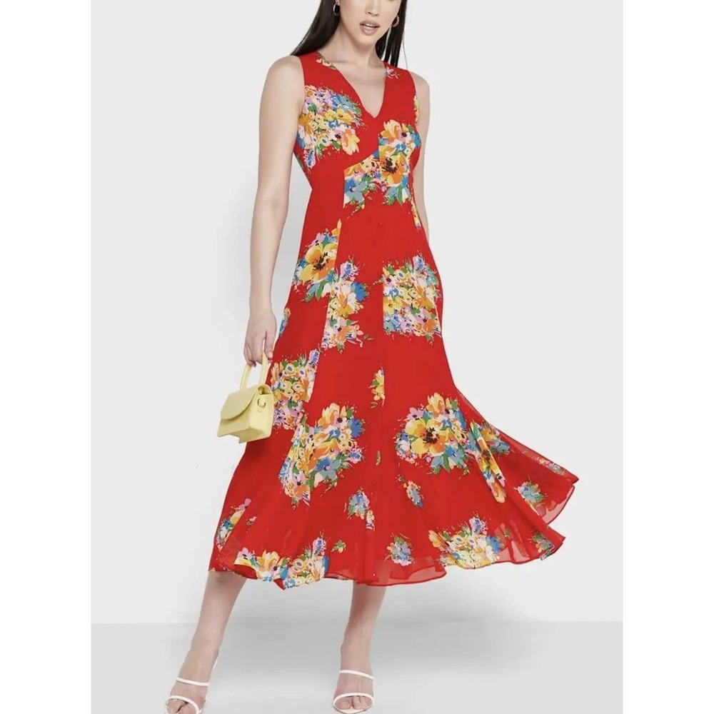 Lauren Ralph Lauren Red Floral Print Flowy‎ Midi-Maxi Dress Size 2